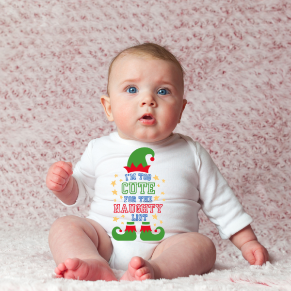 Elf sublimation Christmas design "I'm too cute for the naughty list" PNG - Image 5