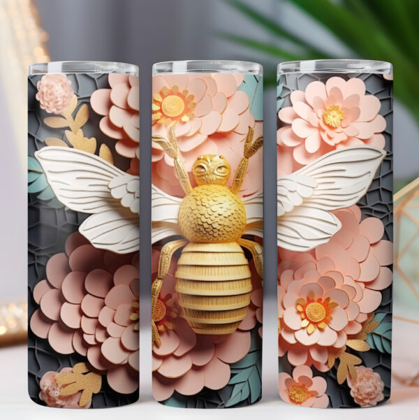 3D Bees Embroidered 20oz Skinny Tumbler Wrap Design BUNDLE, 6 PNG printable files 440 DPI Instant Download COMMERCIAL LICENSE - Image 6