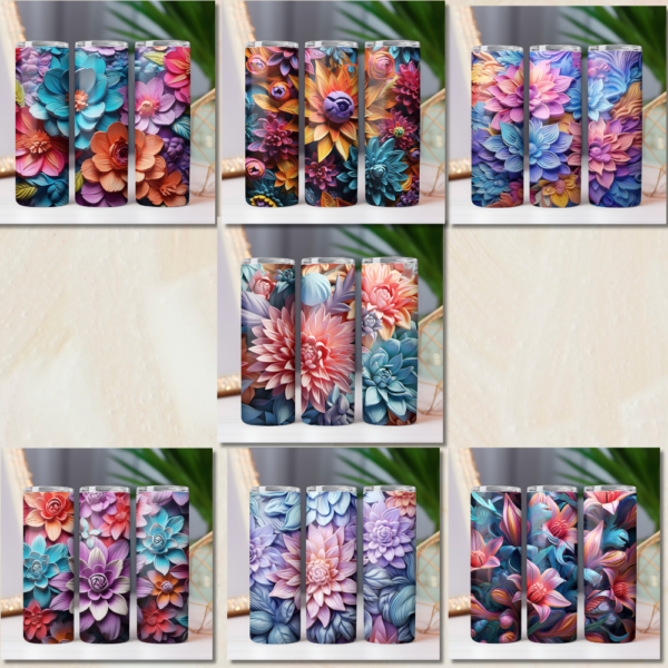 3D Flower Tumbler Wrap Floral Tumbler Wrap 7 PNG files BUNDLE